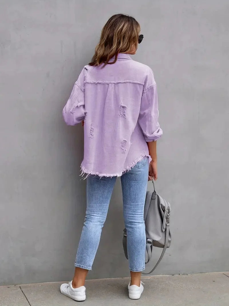 MsDressly Jackets Ripped Raw Edge Distressed Collar Single-Breasted Button-Up Long Sleeve Denim Jacket