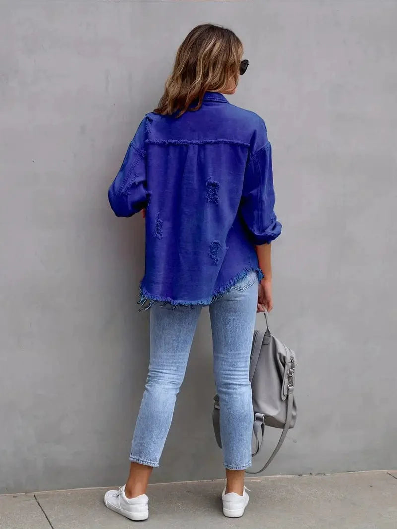 MsDressly Jackets Ripped Raw Edge Distressed Collar Single-Breasted Button-Up Long Sleeve Denim Jacket