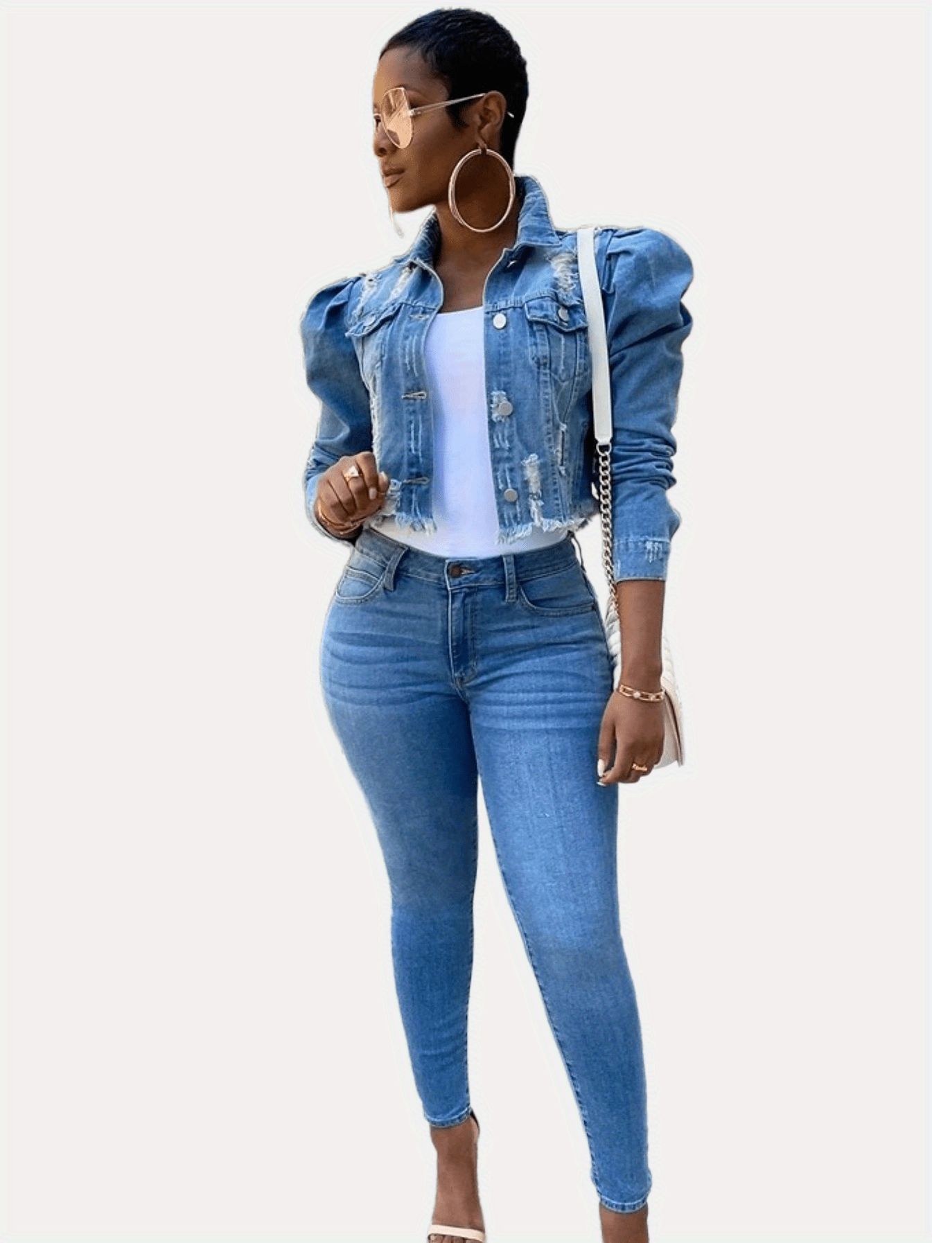 MsDressly Jackets Ripped Raw Hem Puff Sleeve Pocket Cropped Denim Jacket