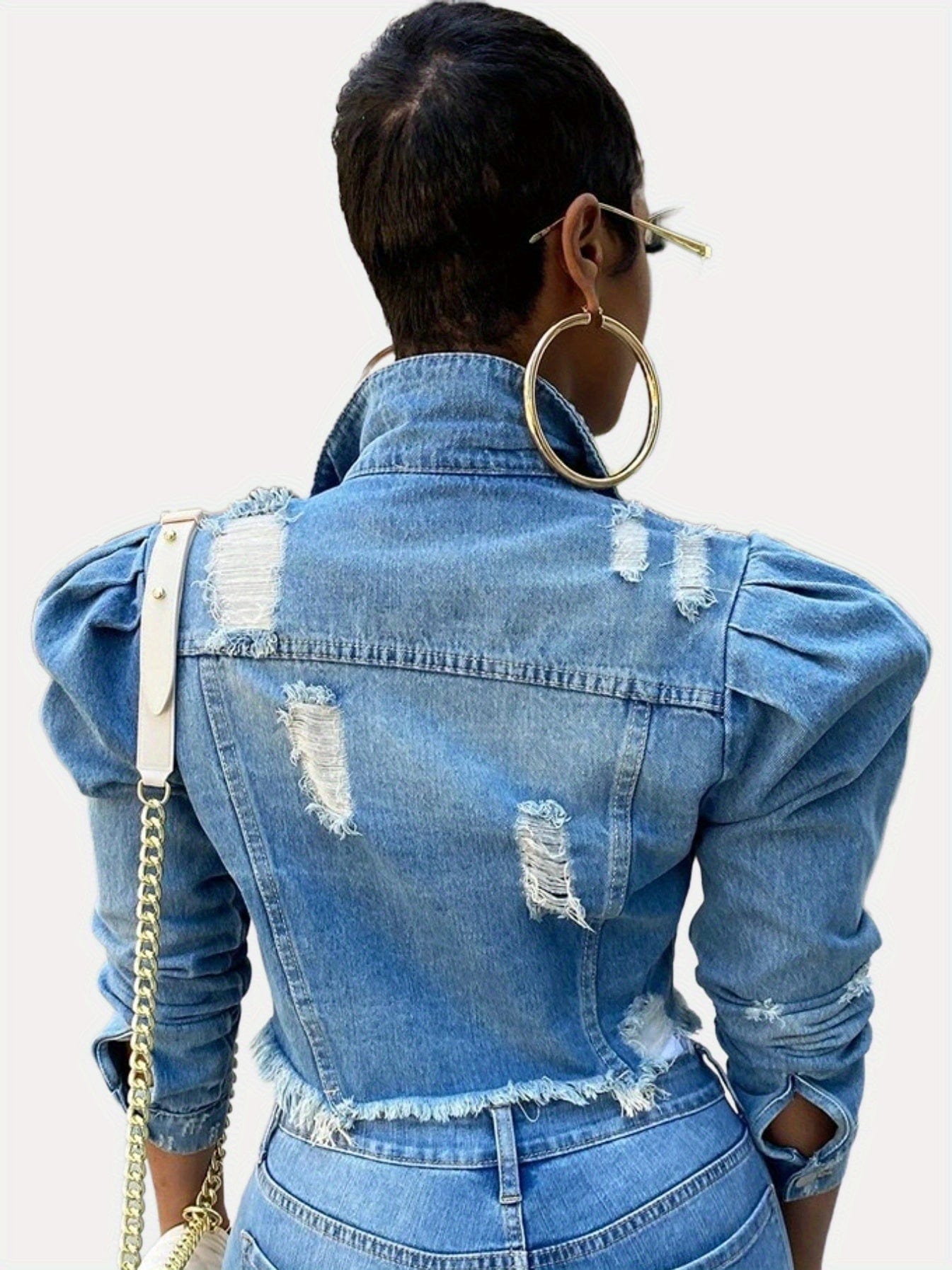 MsDressly Jackets Ripped Raw Hem Puff Sleeve Pocket Cropped Denim Jacket