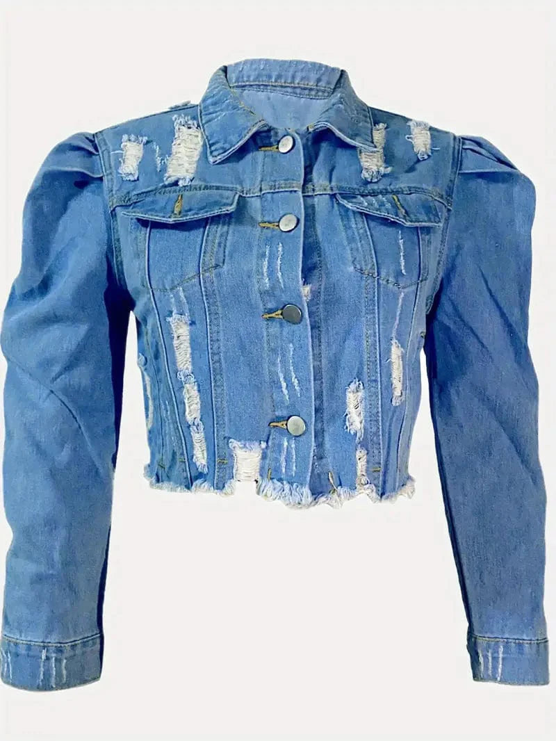 MsDressly Jackets Ripped Raw Hem Puff Sleeve Pocket Cropped Denim Jacket