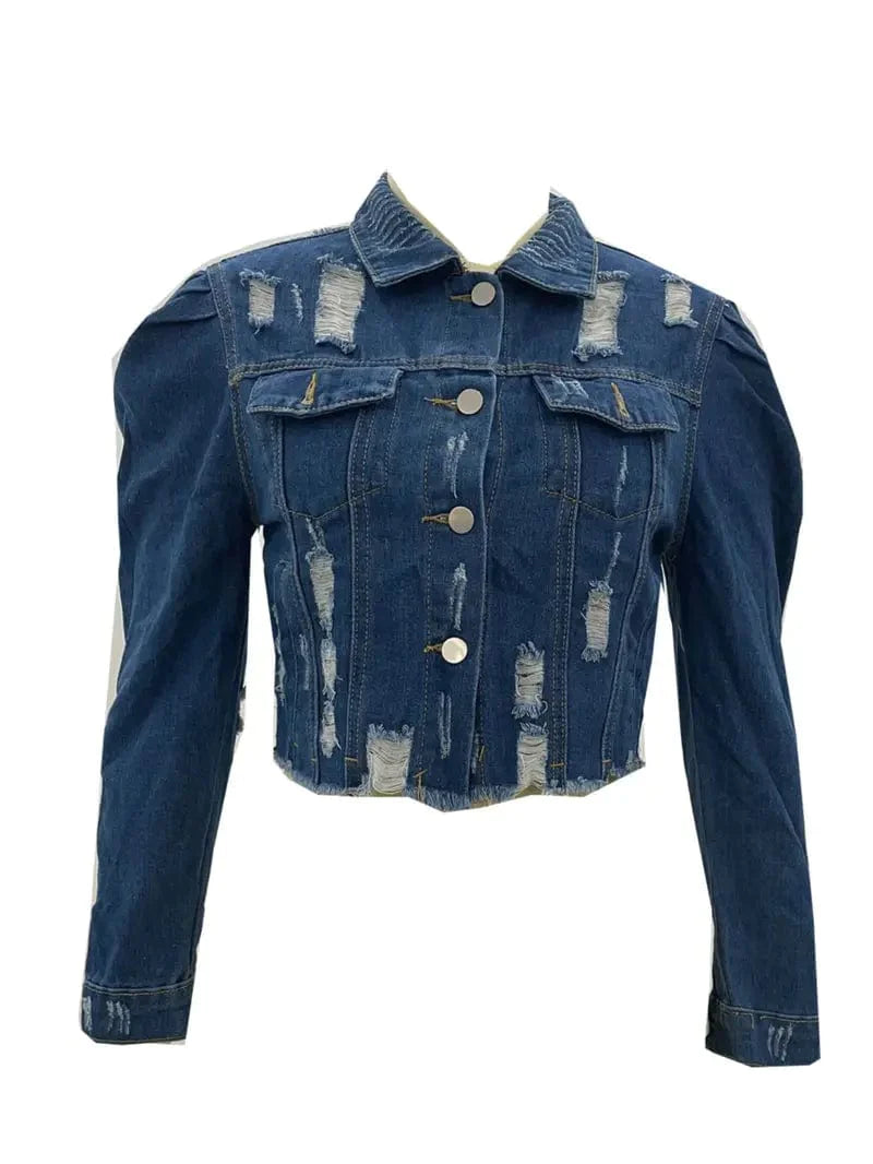 MsDressly Jackets Ripped Raw Hem Puff Sleeve Pocket Cropped Denim Jacket