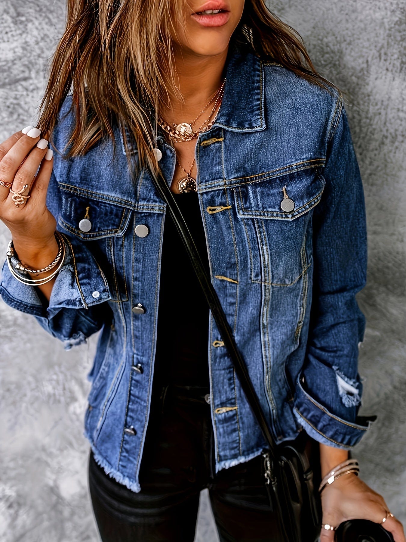 MsDressly Jackets Ripped Raw Hem Single-Breasted Lapel Long Sleeve Denim Jacket JAC231012069BLUS(4)