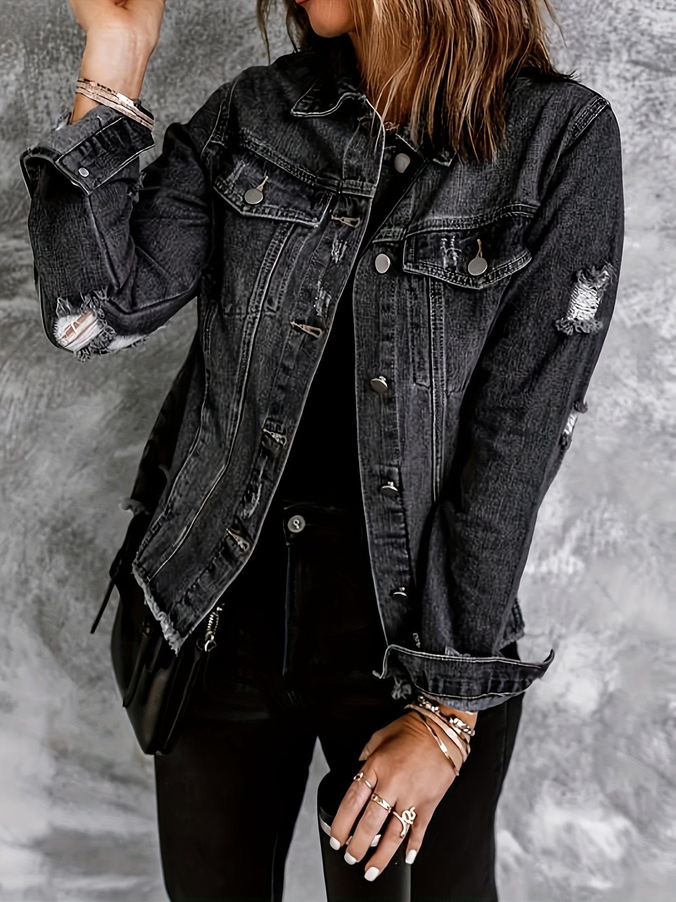 MsDressly Jackets Ripped Single-Breasted Flap Pockets Raw Hem Long Sleeve Denim Coat