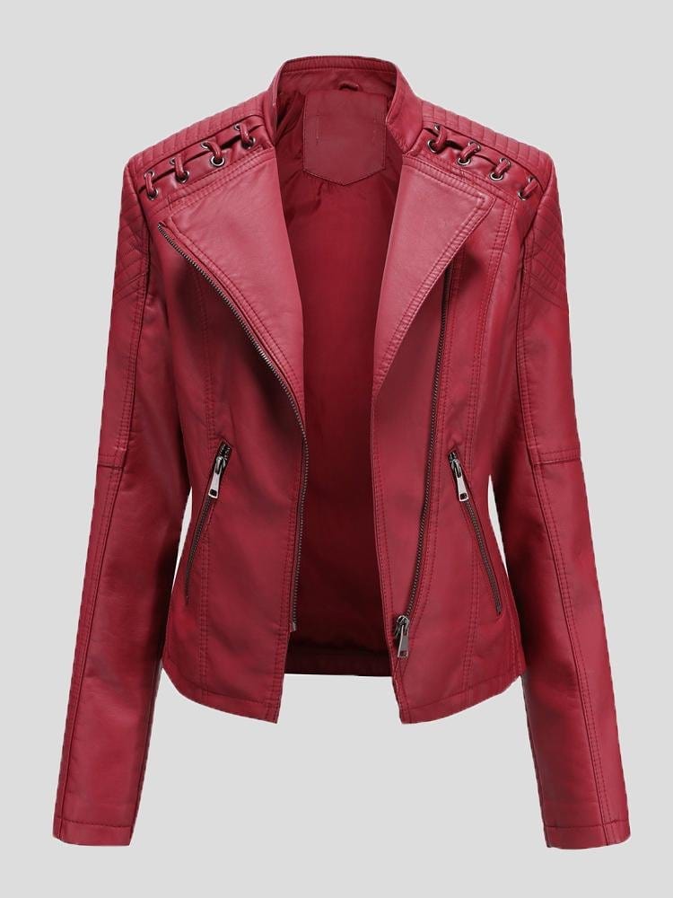 MsDressly Jackets Short Slim Leather Motorcycle Jacket JAC2108271135REDS