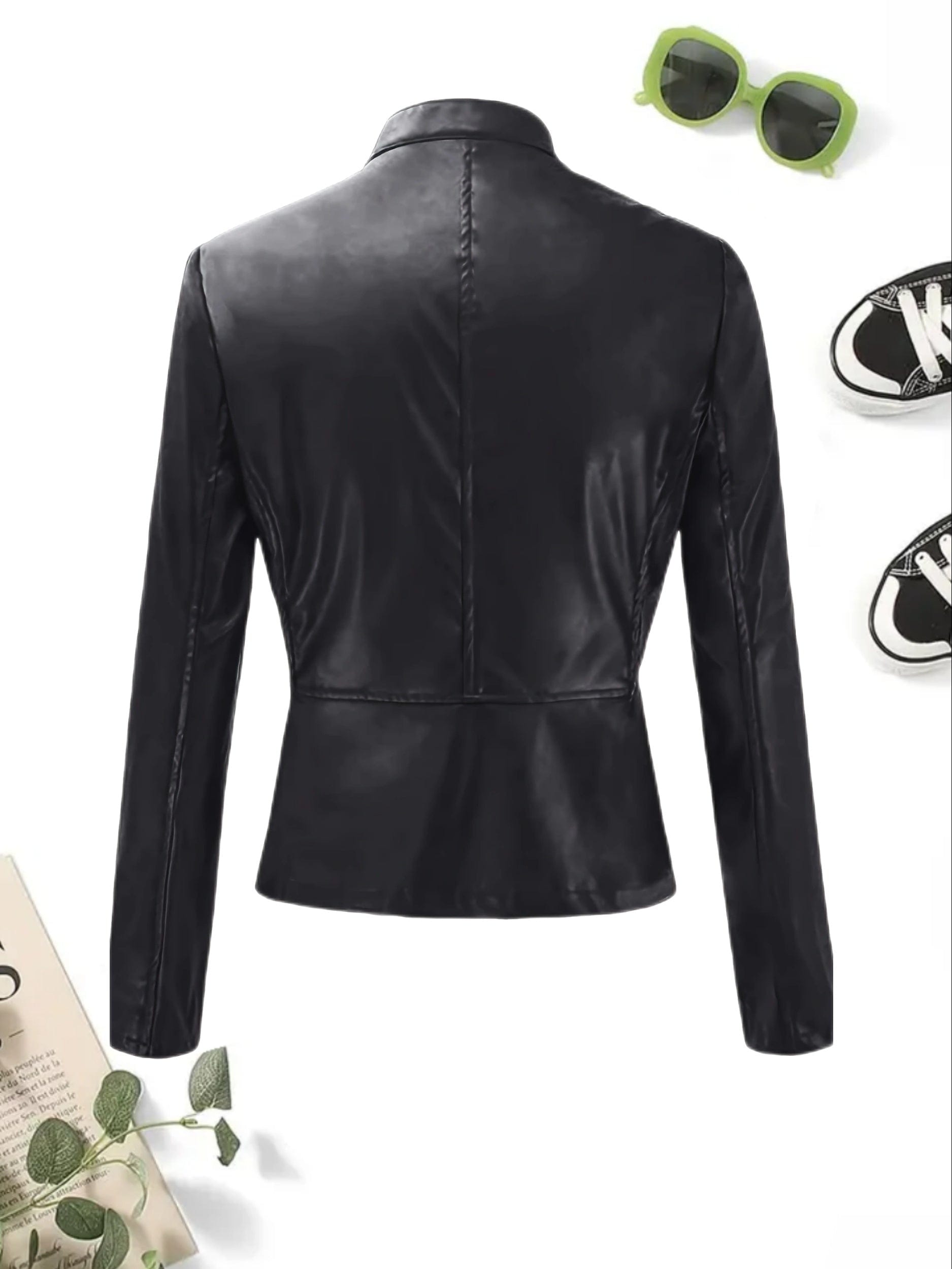 MsDressly Jackets Solid Lightweight Faux Leather Zipper Casual Crop Jacket