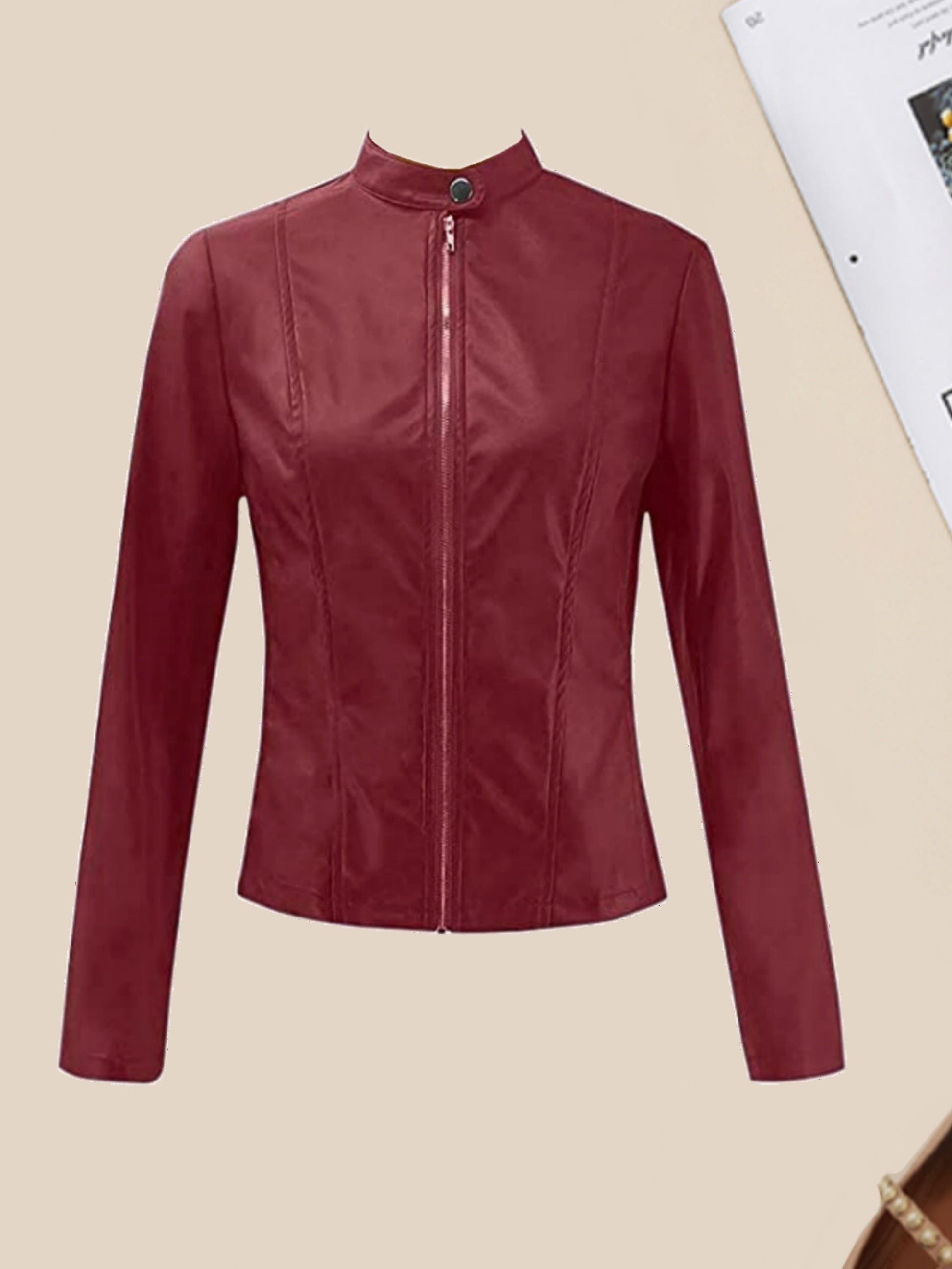 MsDressly Jackets Solid Lightweight Faux Leather Zipper Casual Crop Jacket