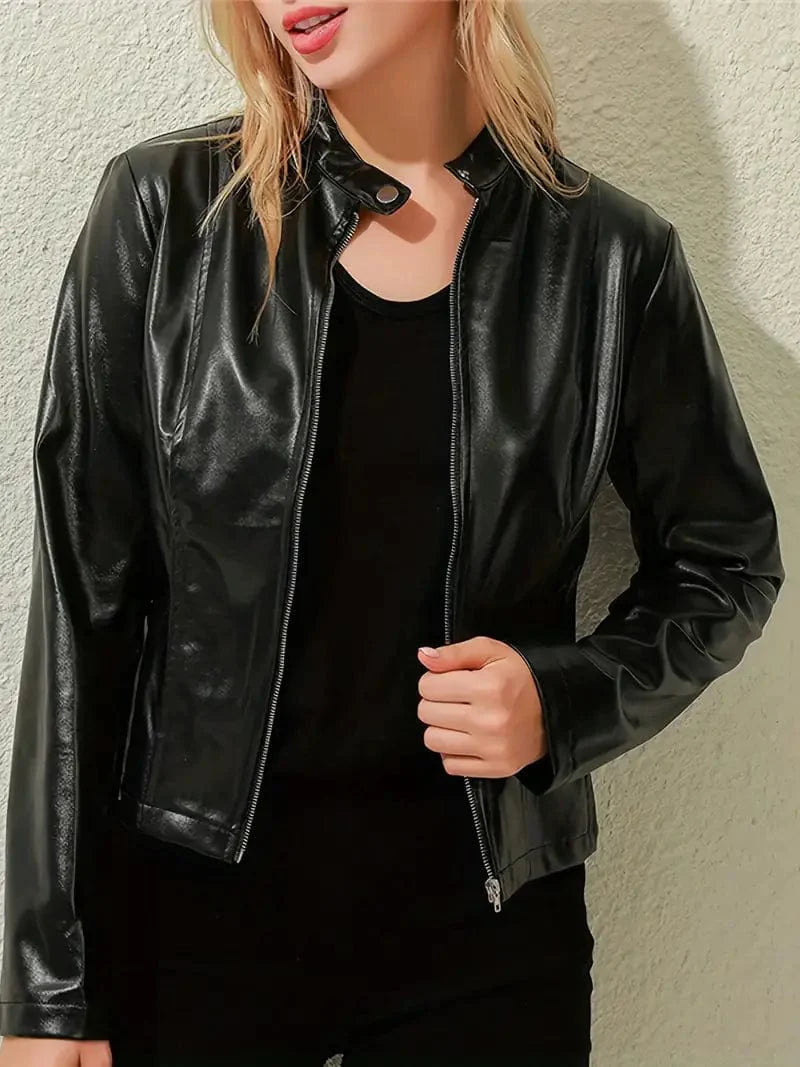 MsDressly Jackets Solid Lightweight Faux Leather Zipper Casual Crop Jacket