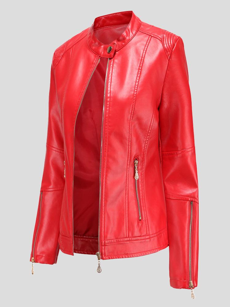 MsDressly Jackets Stand-Up Collar Zipper PU Leather Jacket JAC2111291185REDS