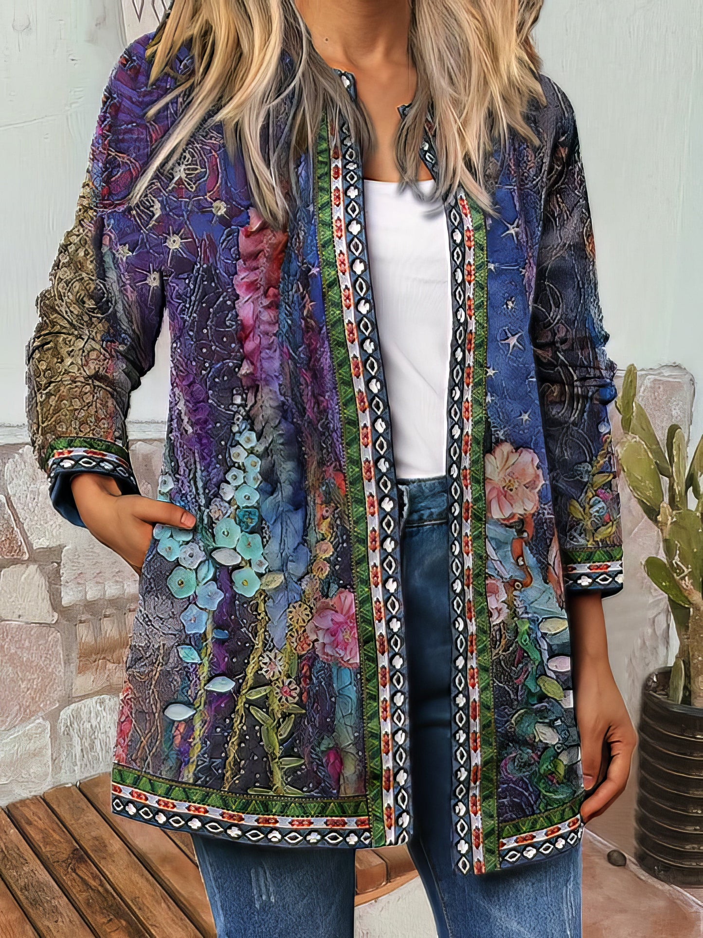 MsDressly Jackets Vintage Print Long Sleeve Cardigan Jacket JAC2110081151BLUM