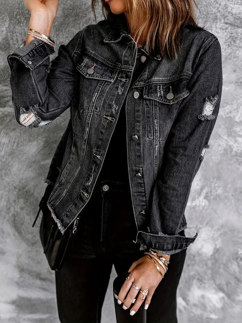 MsDressly Jackets Vintage Ripped Raw Hem Flap Pockets Long Sleeve Denim Jacket