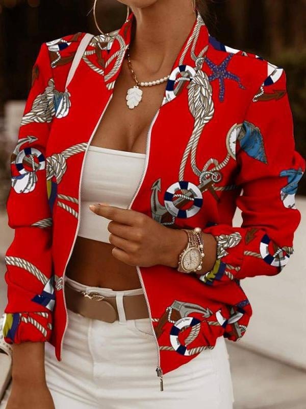 MsDressly Jackets Zip Embellished Printed Long Sleeve Jacket