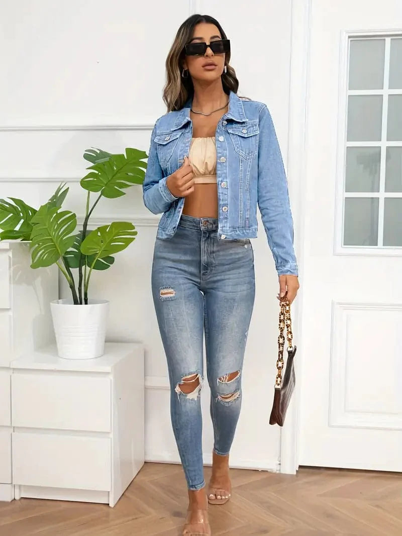 Classic Single-Breasted Long Sleeve Causal Denim Jacket