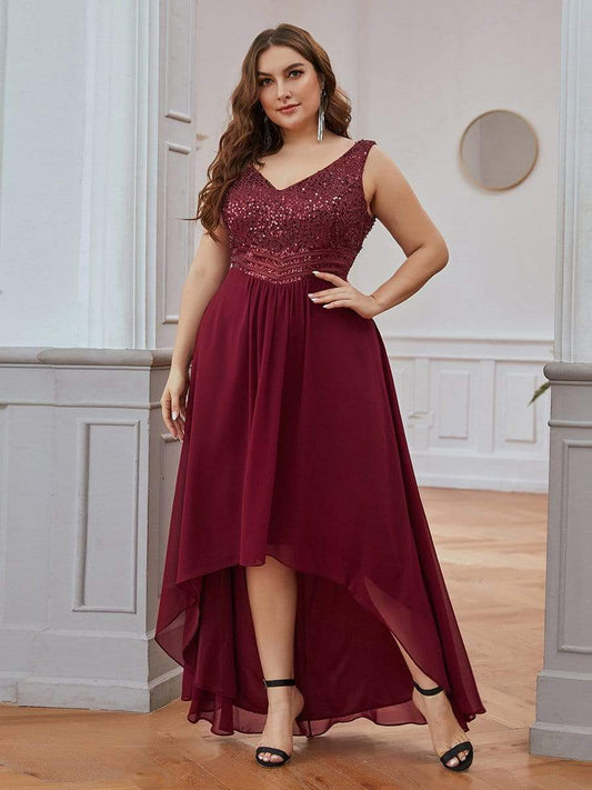 MsDresslyEP Plus Formal Dress Elegant Paillette & Chiffon V-neck A-line Sleeveless Plus Size Evening Dresses DRE230973901BDG16