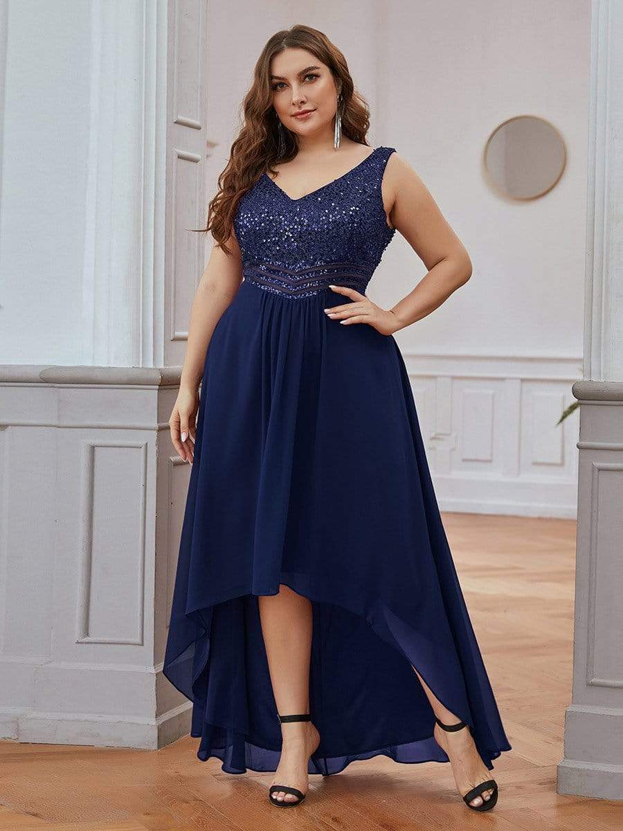 MsDresslyEP Plus Formal Dress Elegant Paillette & Chiffon V-neck A-line Sleeveless Plus Size Evening Dresses DRE230973919NBY16