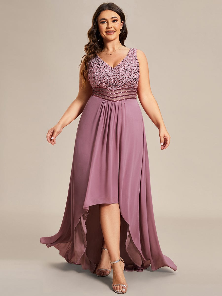 MsDresslyEP Plus Formal Dress Elegant Paillette & Chiffon V-neck A-line Sleeveless Plus Size Evening Dresses DRE230973931POH16