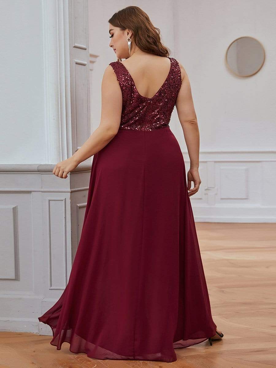 MsDresslyEP Plus Formal Dress Elegant Paillette & Chiffon V-neck A-line Sleeveless Plus Size Evening Dresses