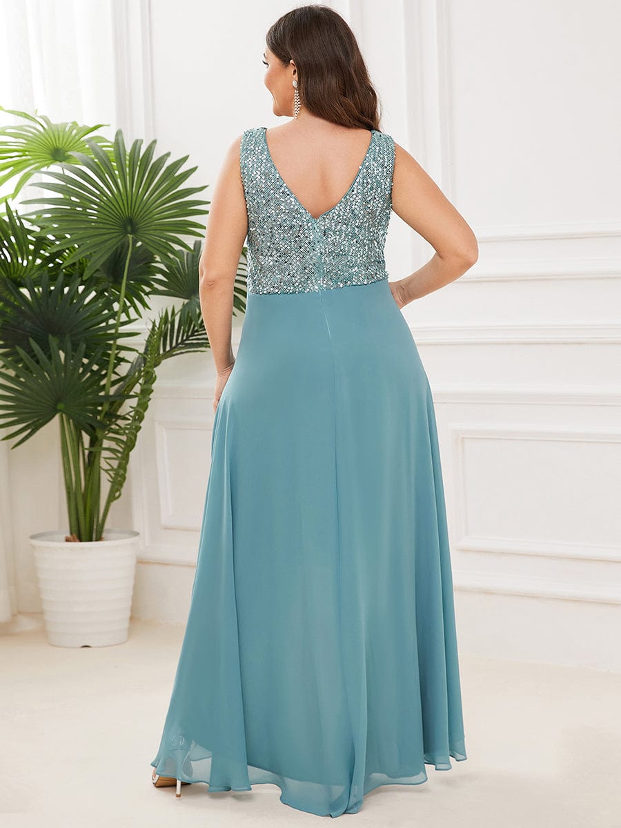 MsDresslyEP Plus Formal Dress Elegant Paillette & Chiffon V-neck A-line Sleeveless Plus Size Evening Dresses