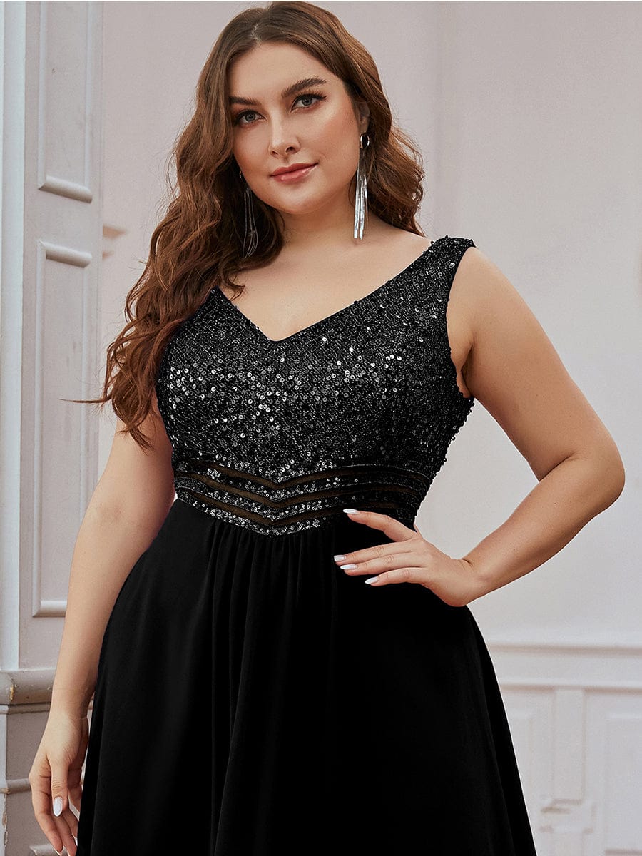 MsDresslyEP Plus Formal Dress Elegant Paillette & Chiffon V-neck A-line Sleeveless Plus Size Evening Dresses