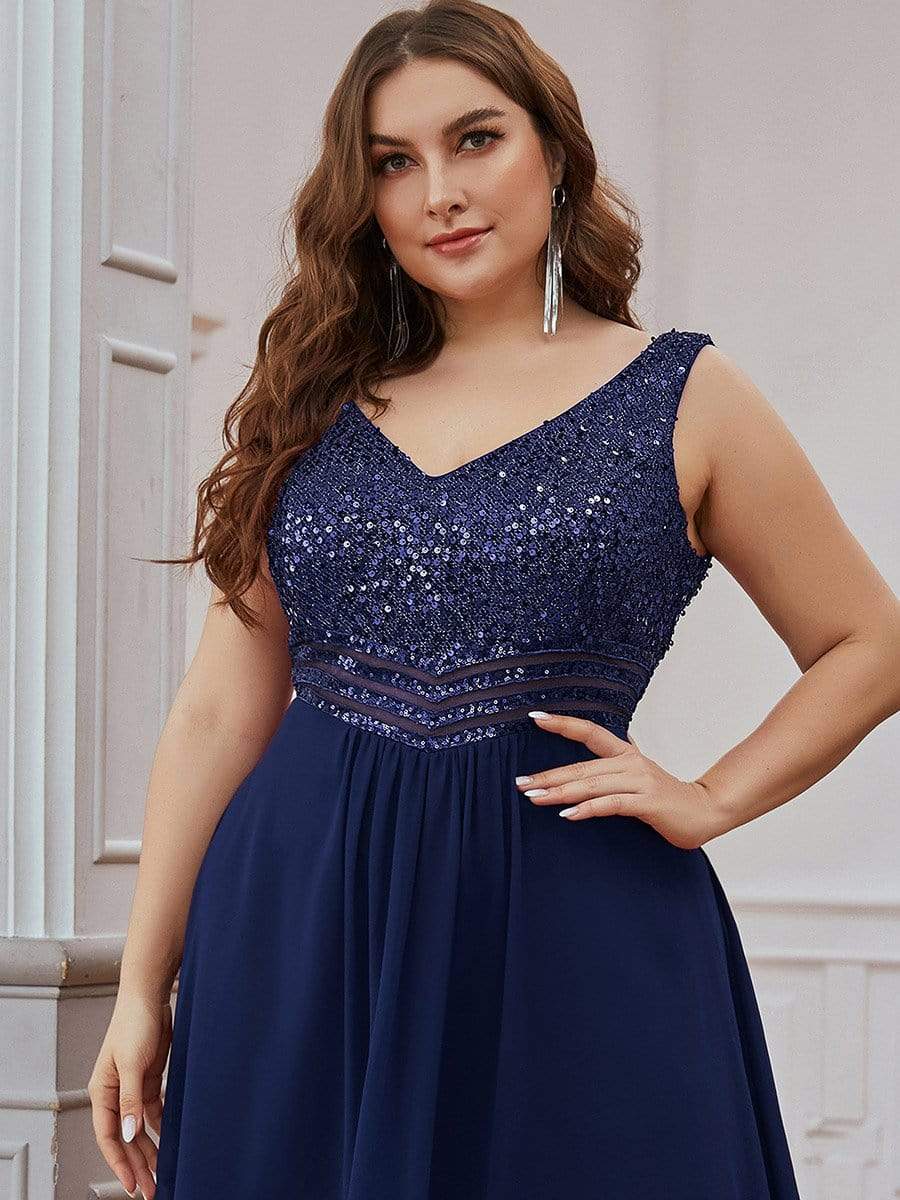 MsDresslyEP Plus Formal Dress Elegant Paillette & Chiffon V-neck A-line Sleeveless Plus Size Evening Dresses