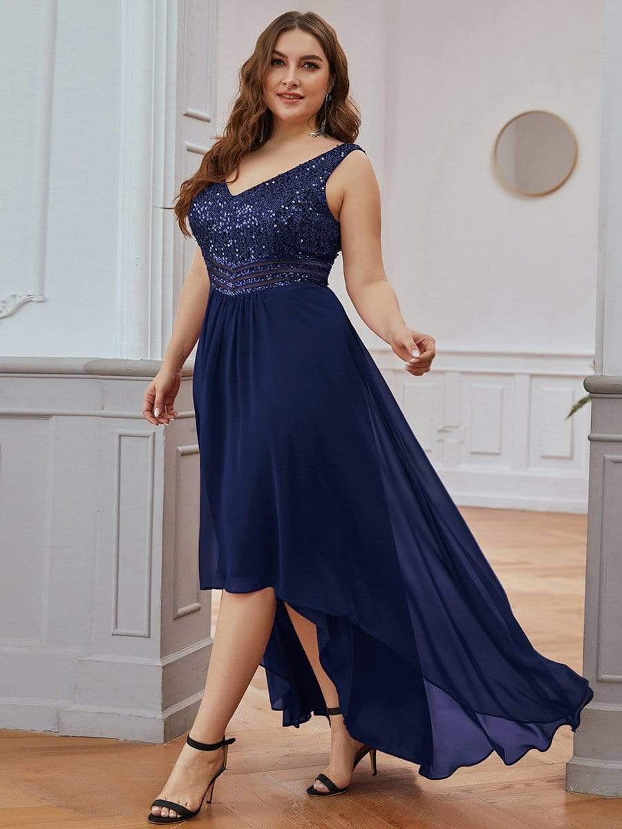 MsDresslyEP Plus Formal Dress Elegant Paillette & Chiffon V-neck A-line Sleeveless Plus Size Evening Dresses