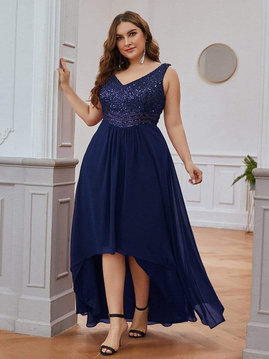 MsDresslyEP Plus Formal Dress Elegant Paillette & Chiffon V-neck A-line Sleeveless Plus Size Evening Dresses