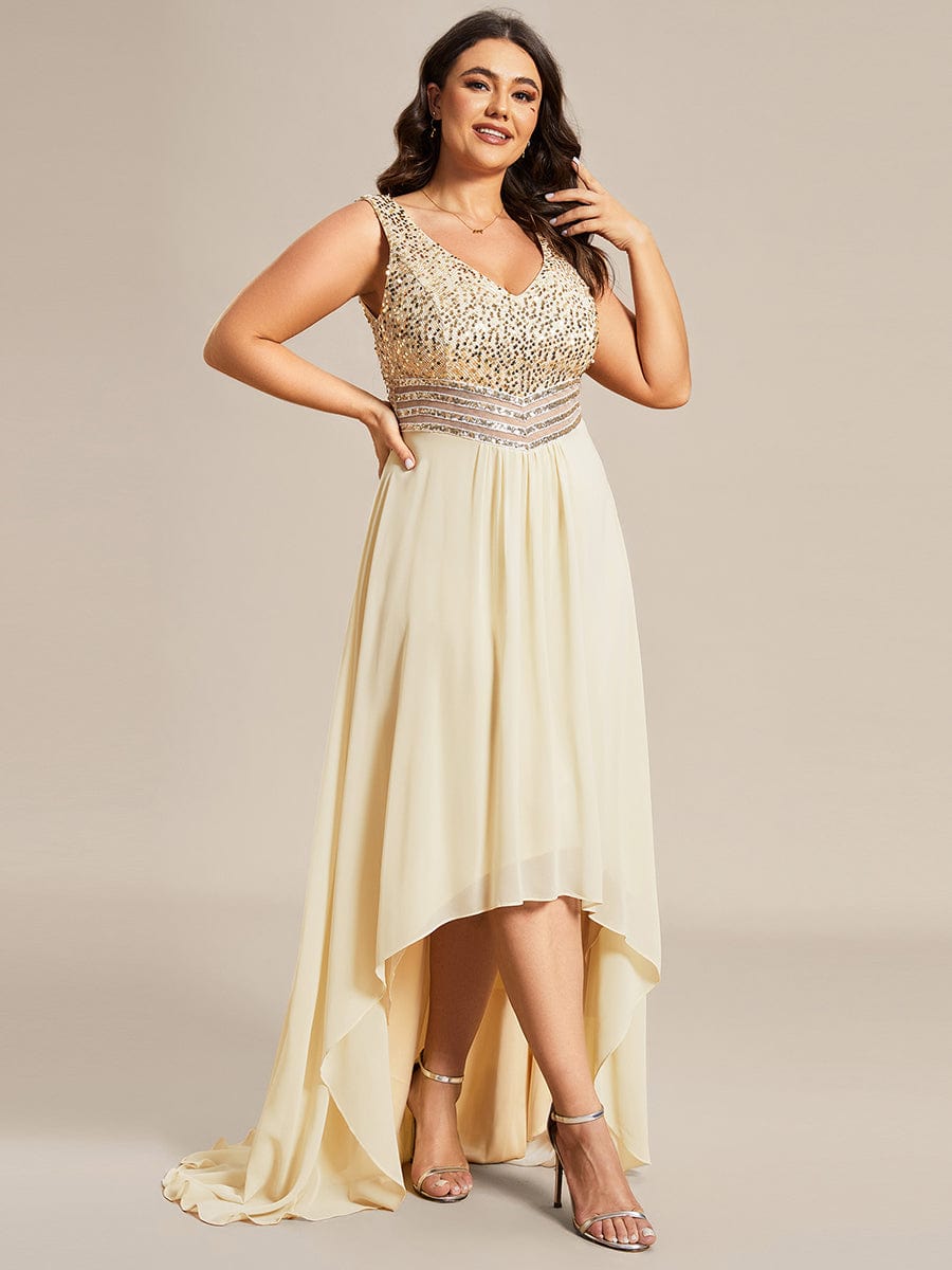 MsDresslyEP Plus Formal Dress Elegant Paillette & Chiffon V-neck A-line Sleeveless Plus Size Evening Dresses