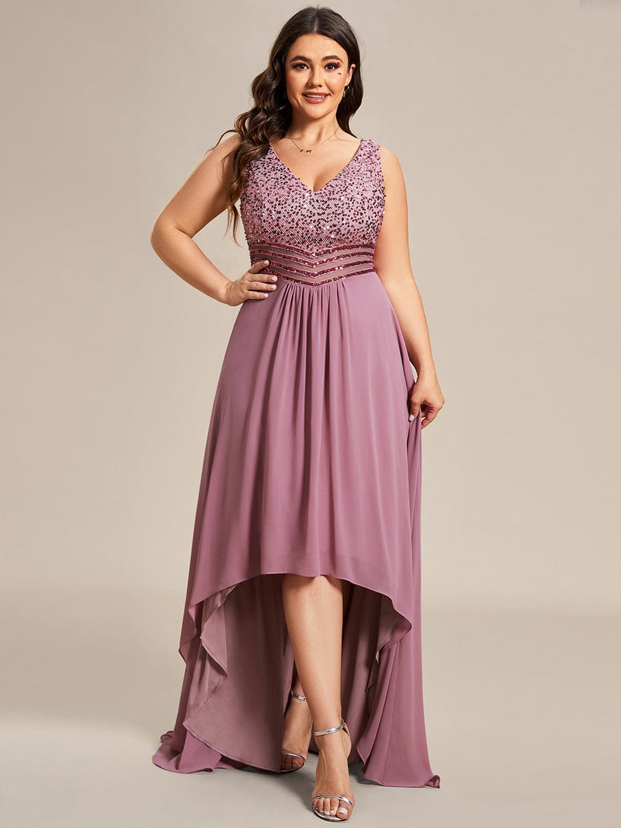 MsDresslyEP Plus Formal Dress Elegant Paillette & Chiffon V-neck A-line Sleeveless Plus Size Evening Dresses