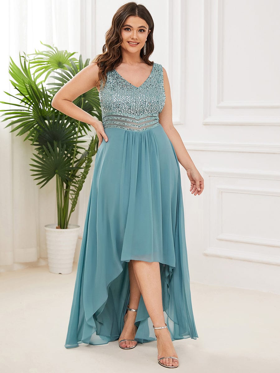 MsDresslyEP Plus Formal Dress Elegant Paillette & Chiffon V-neck A-line Sleeveless Plus Size Evening Dresses