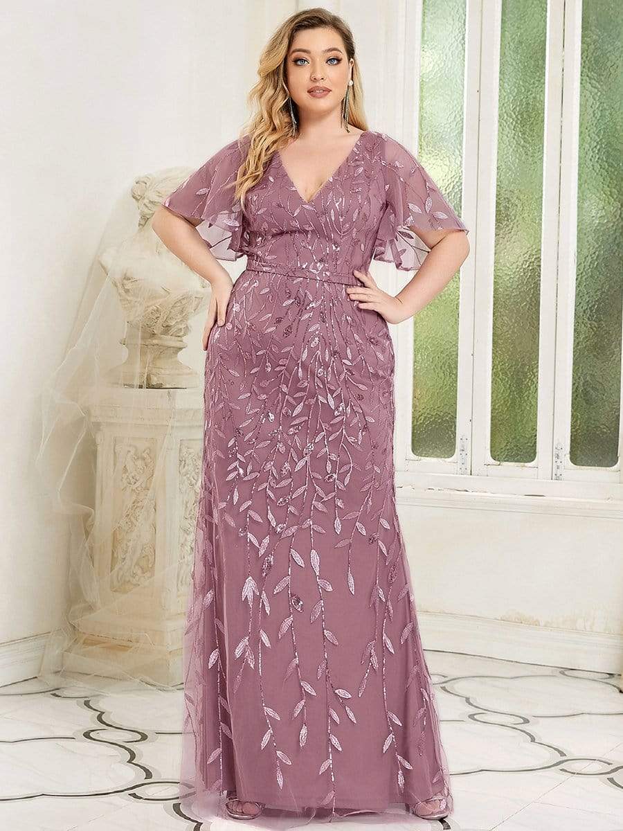 MsDresslyEP Plus Formal Dress Fashion Plus Size V Neck Mermaid Sequin & Tulle Evening Dress DRE230970619POH16