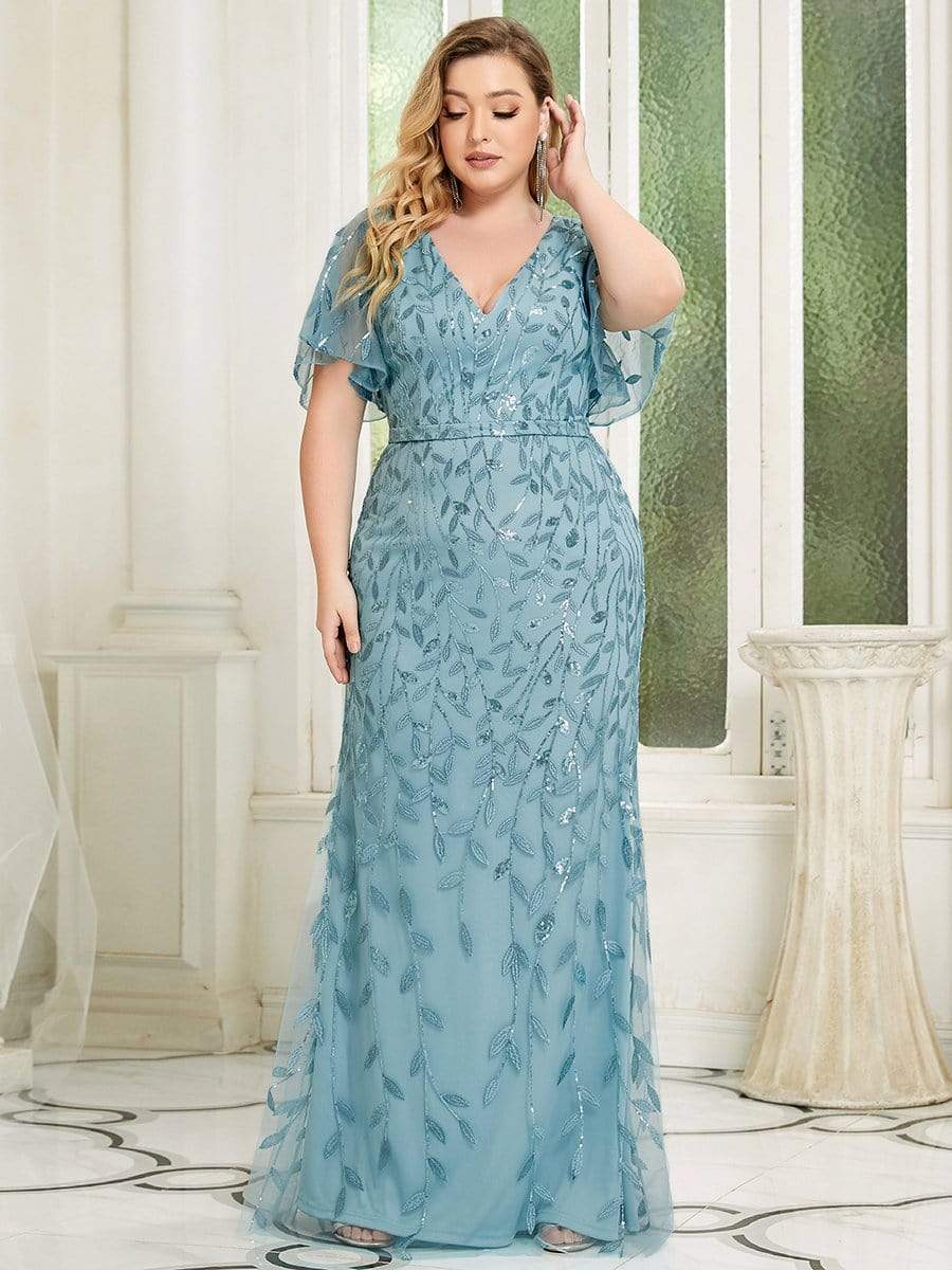 MsDresslyEP Plus Formal Dress Fashion Plus Size V Neck Mermaid Sequin & Tulle Evening Dress DRE230970625DBU16