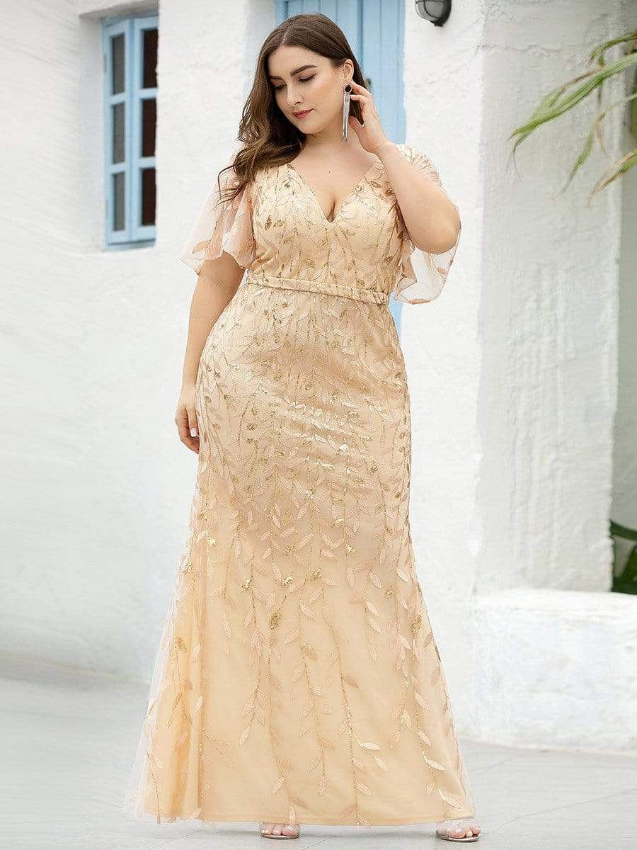 MsDresslyEP Plus Formal Dress Fashion Plus Size V Neck Mermaid Sequin & Tulle Evening Dress