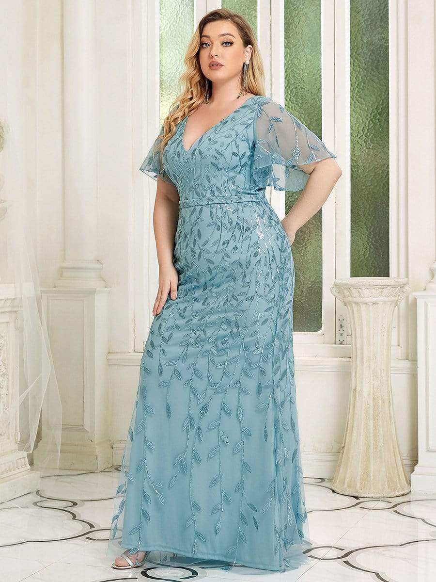 MsDresslyEP Plus Formal Dress Fashion Plus Size V Neck Mermaid Sequin & Tulle Evening Dress