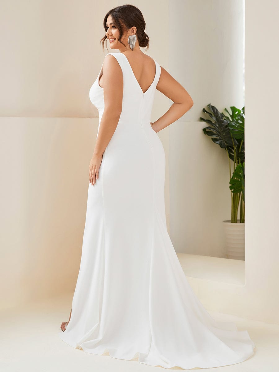 MsDresslyEP Plus Formal Dress Plus Size Deep V-Neck Sleeveless High Slid Simple Wedding Dress