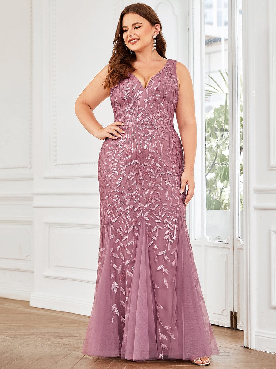 MsDresslyEP Plus Formal Dress Plus Size Double V-Neck Fishtail Sequin Formal Maxi Evening Dress DRE230976505POH16