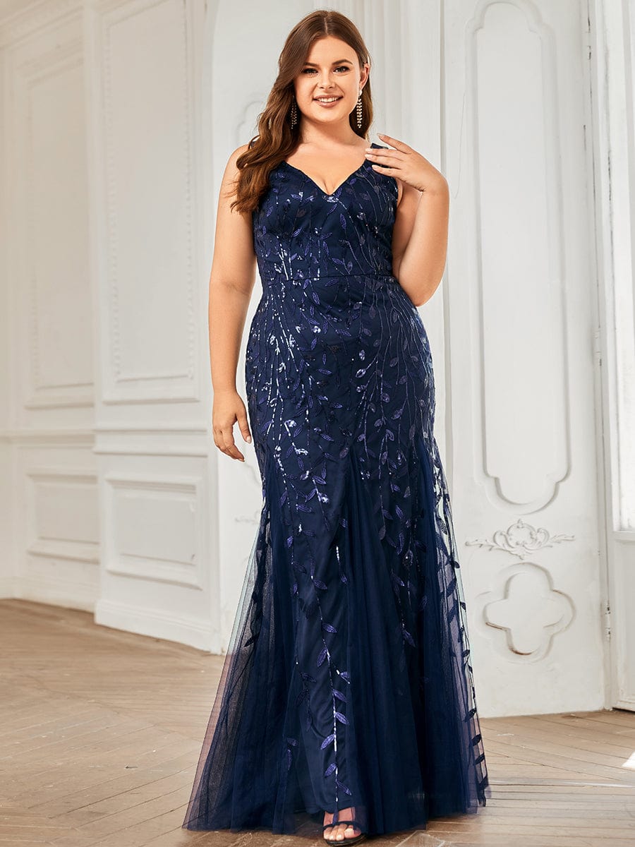 MsDresslyEP Plus Formal Dress Plus Size Double V-Neck Fishtail Sequin Formal Maxi Evening Dress DRE230976515NBY16