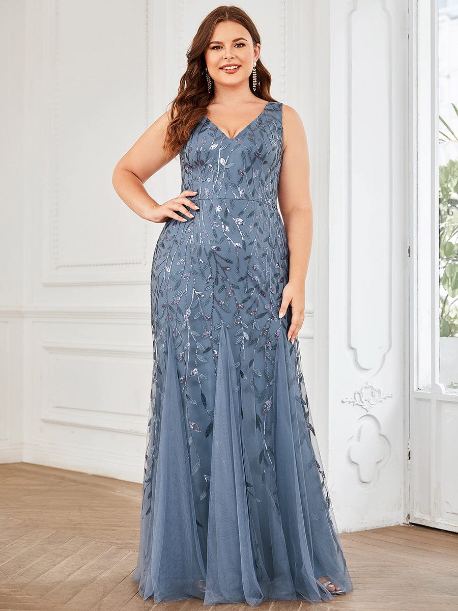 MsDresslyEP Plus Formal Dress Plus Size Double V-Neck Fishtail Sequin Formal Maxi Evening Dress DRE230976529DNV16