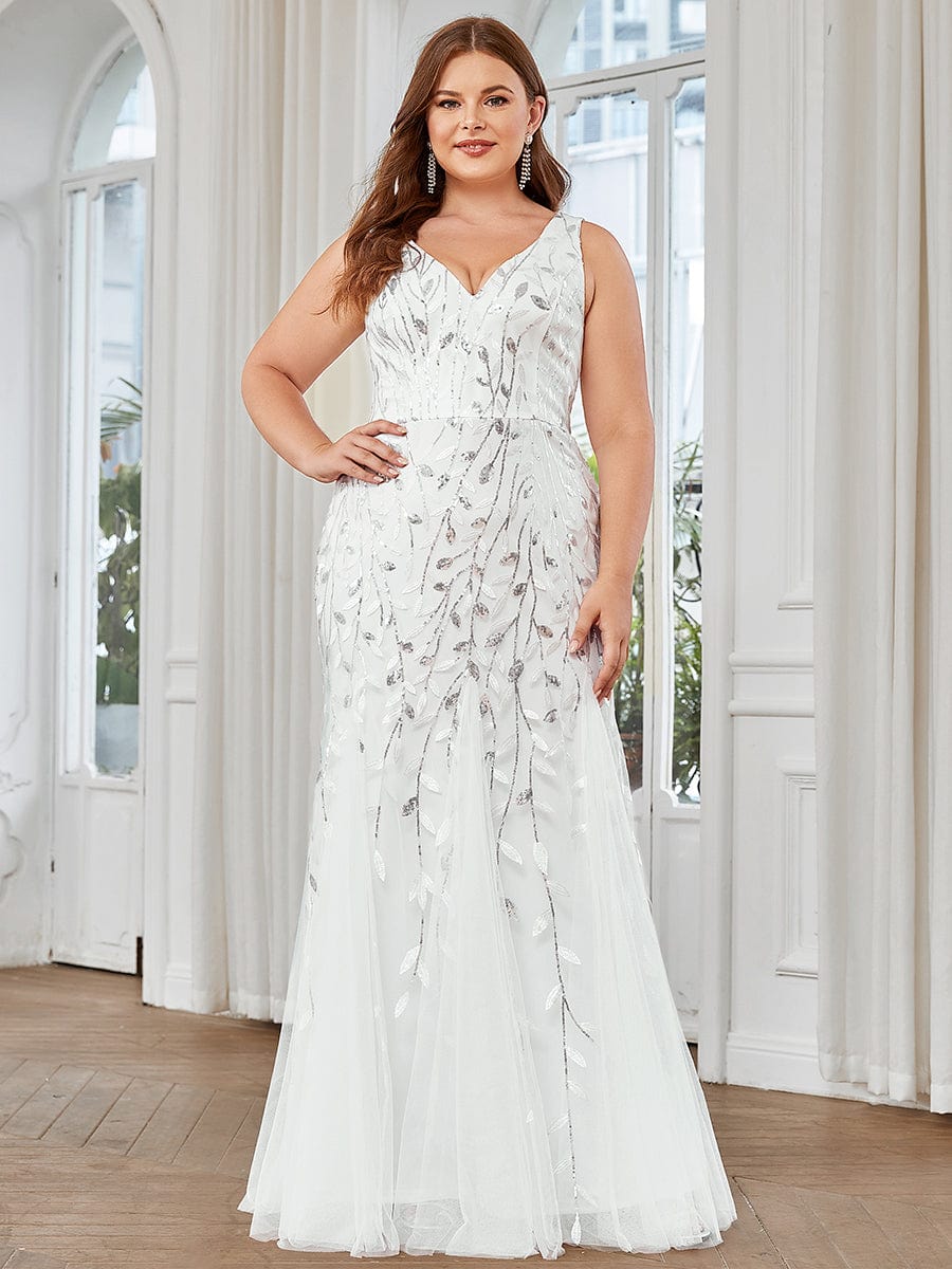 MsDresslyEP Plus Formal Dress Plus Size Double V-Neck Fishtail Sequin Formal Maxi Evening Dress DRE230976541WHT16