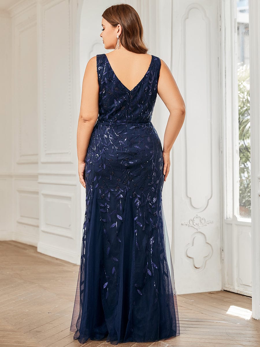 MsDresslyEP Plus Formal Dress Plus Size Double V-Neck Fishtail Sequin Formal Maxi Evening Dress