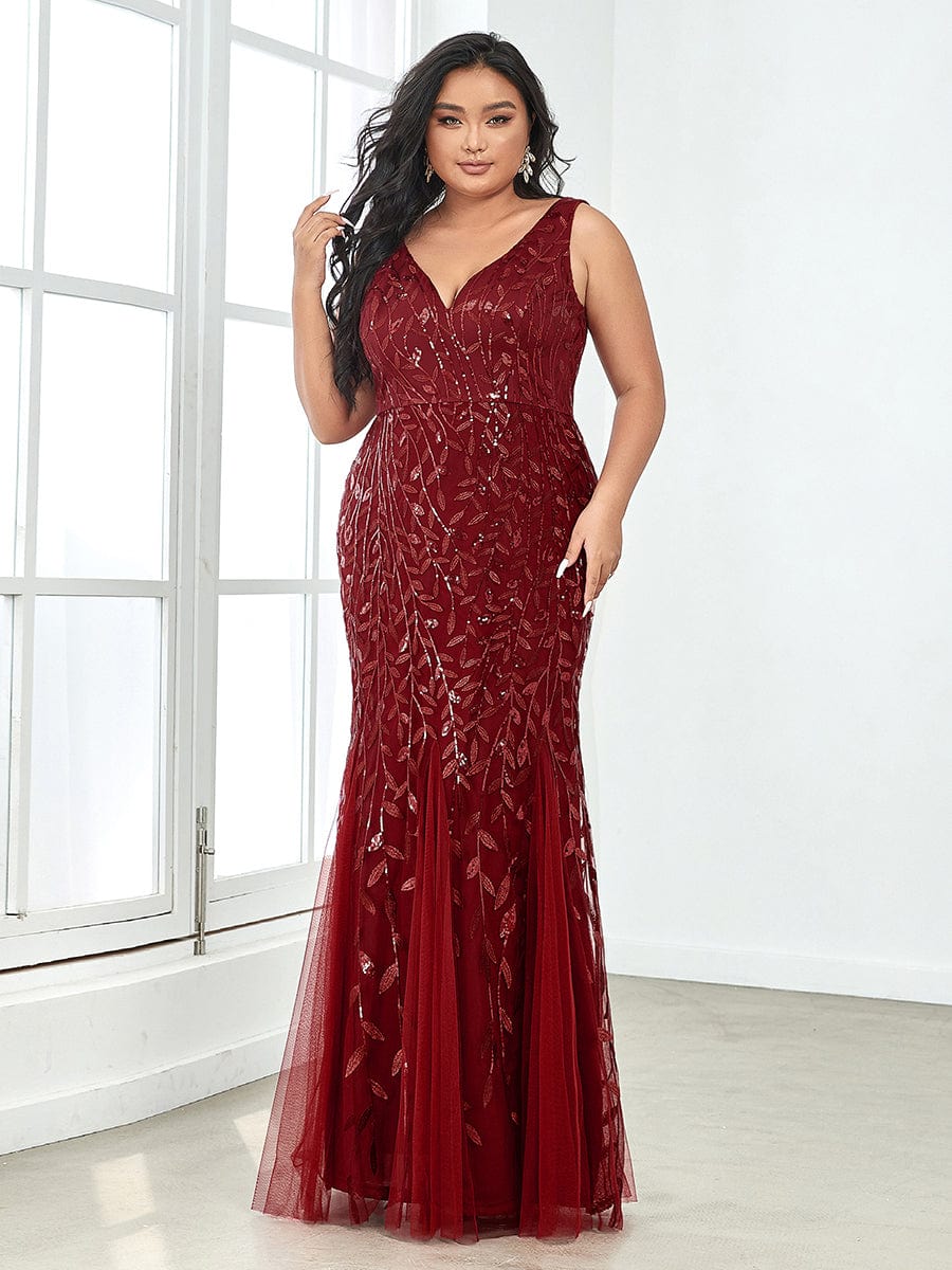 MsDresslyEP Plus Formal Dress Plus Size Double V-Neck Fishtail Sequin Formal Maxi Evening Dress