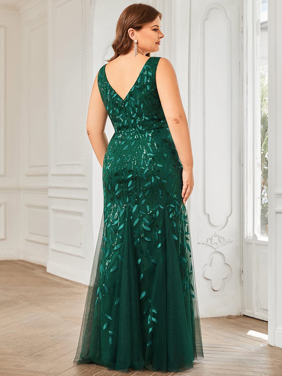 MsDresslyEP Plus Formal Dress Plus Size Double V-Neck Fishtail Sequin Formal Maxi Evening Dress