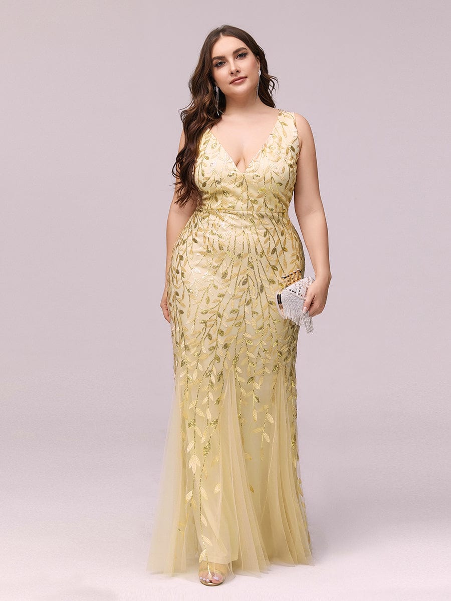 MsDresslyEP Plus Formal Dress Plus Size Double V-Neck Fishtail Sequin Formal Maxi Evening Dress