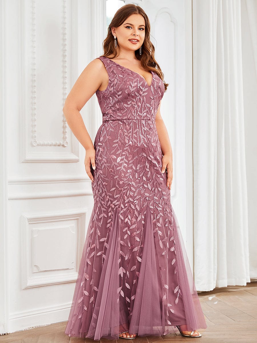 MsDresslyEP Plus Formal Dress Plus Size Double V-Neck Fishtail Sequin Formal Maxi Evening Dress