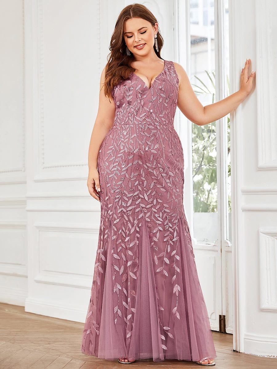 MsDresslyEP Plus Formal Dress Plus Size Double V-Neck Fishtail Sequin Formal Maxi Evening Dress