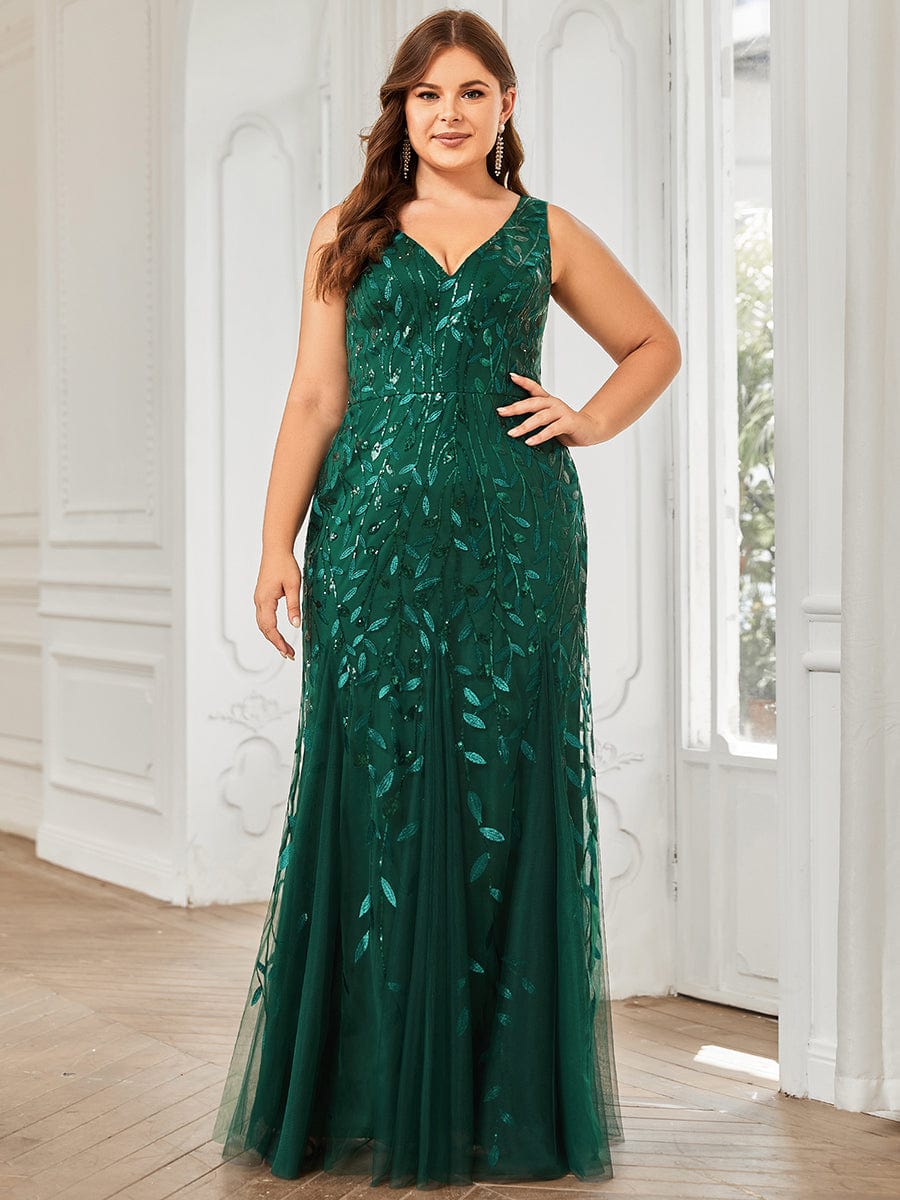 MsDresslyEP Plus Formal Dress Plus Size Double V-Neck Fishtail Sequin Formal Maxi Evening Dress