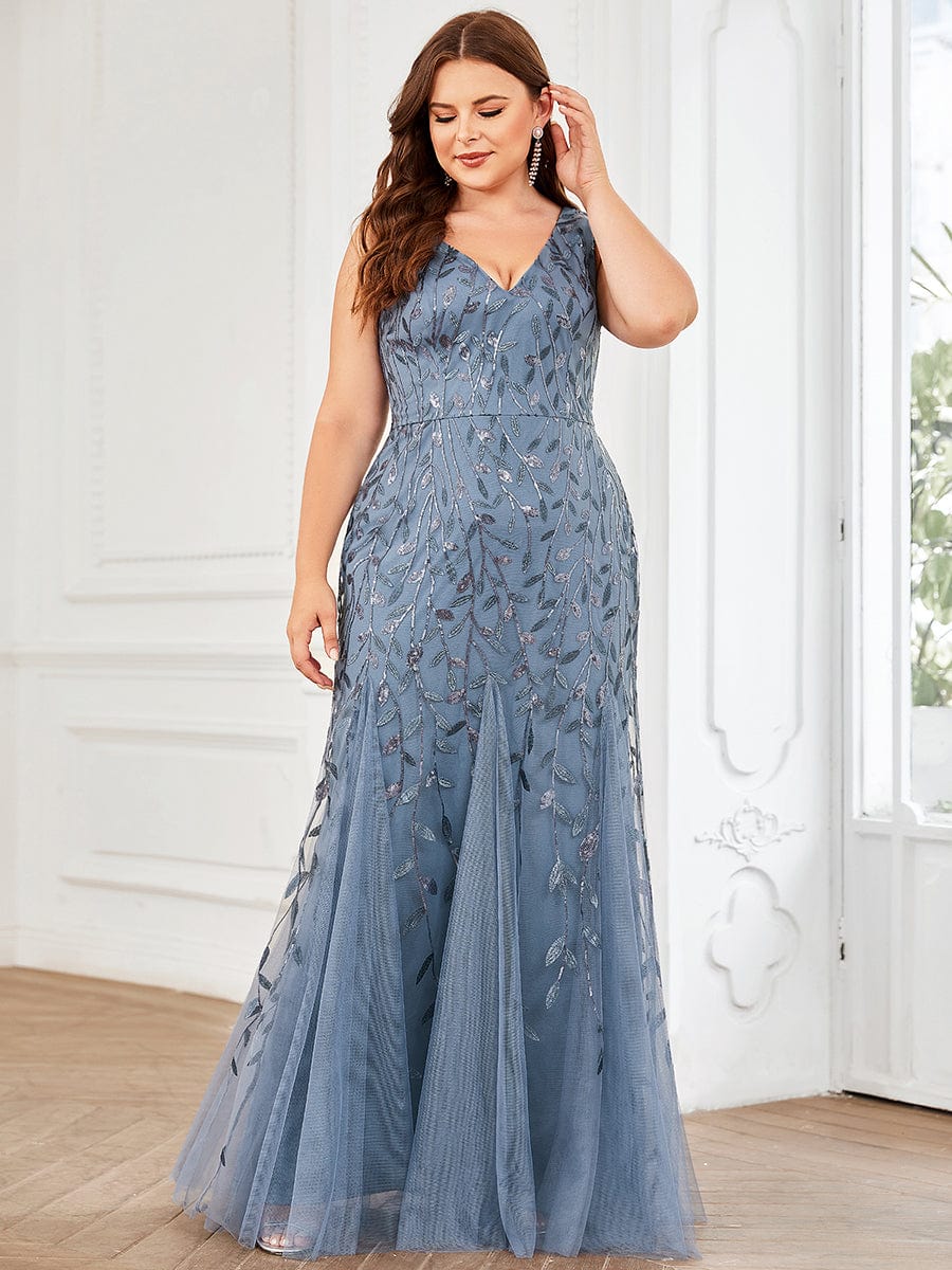 MsDresslyEP Plus Formal Dress Plus Size Double V-Neck Fishtail Sequin Formal Maxi Evening Dress