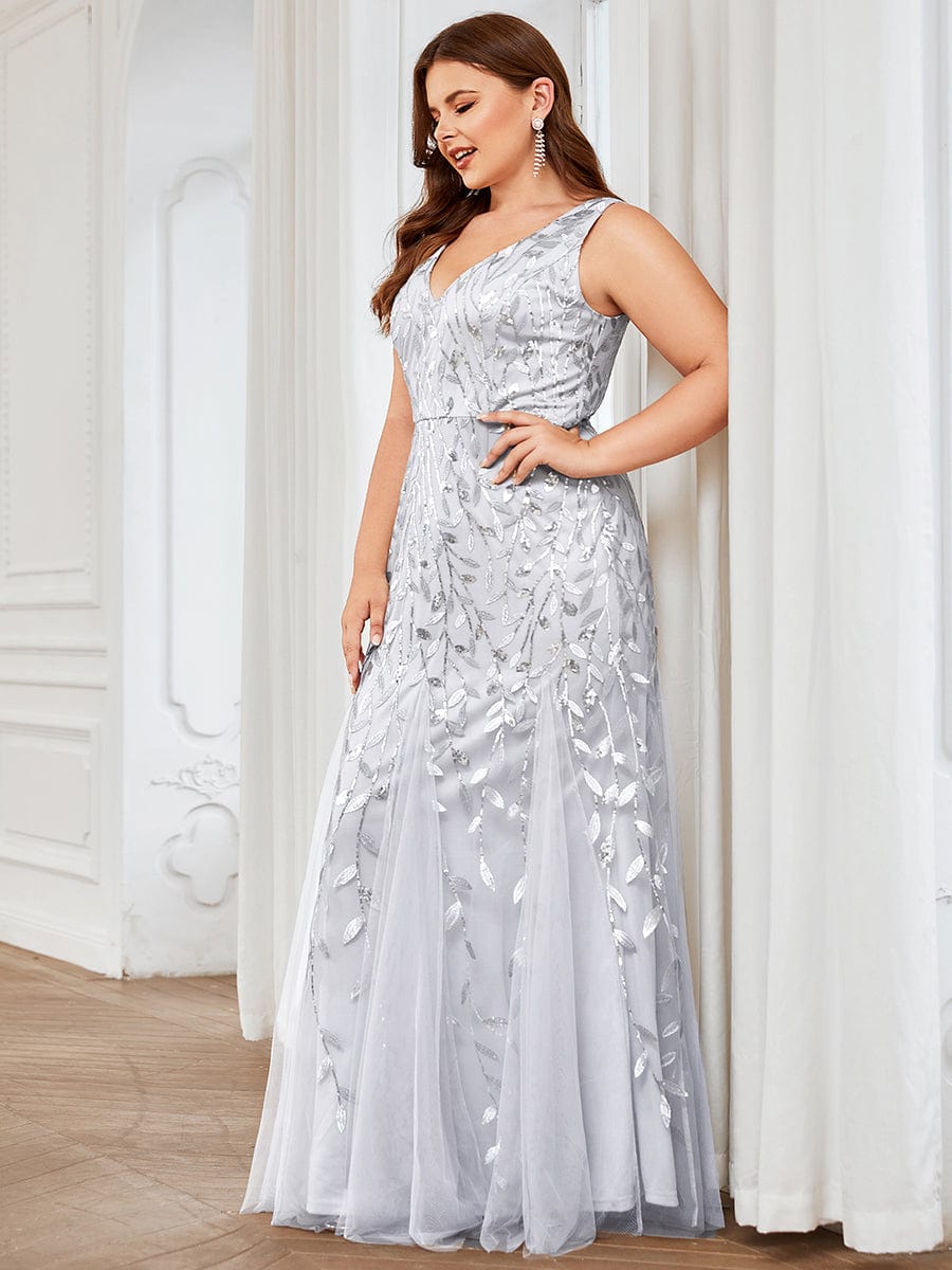 MsDresslyEP Plus Formal Dress Plus Size Double V-Neck Fishtail Sequin Formal Maxi Evening Dress