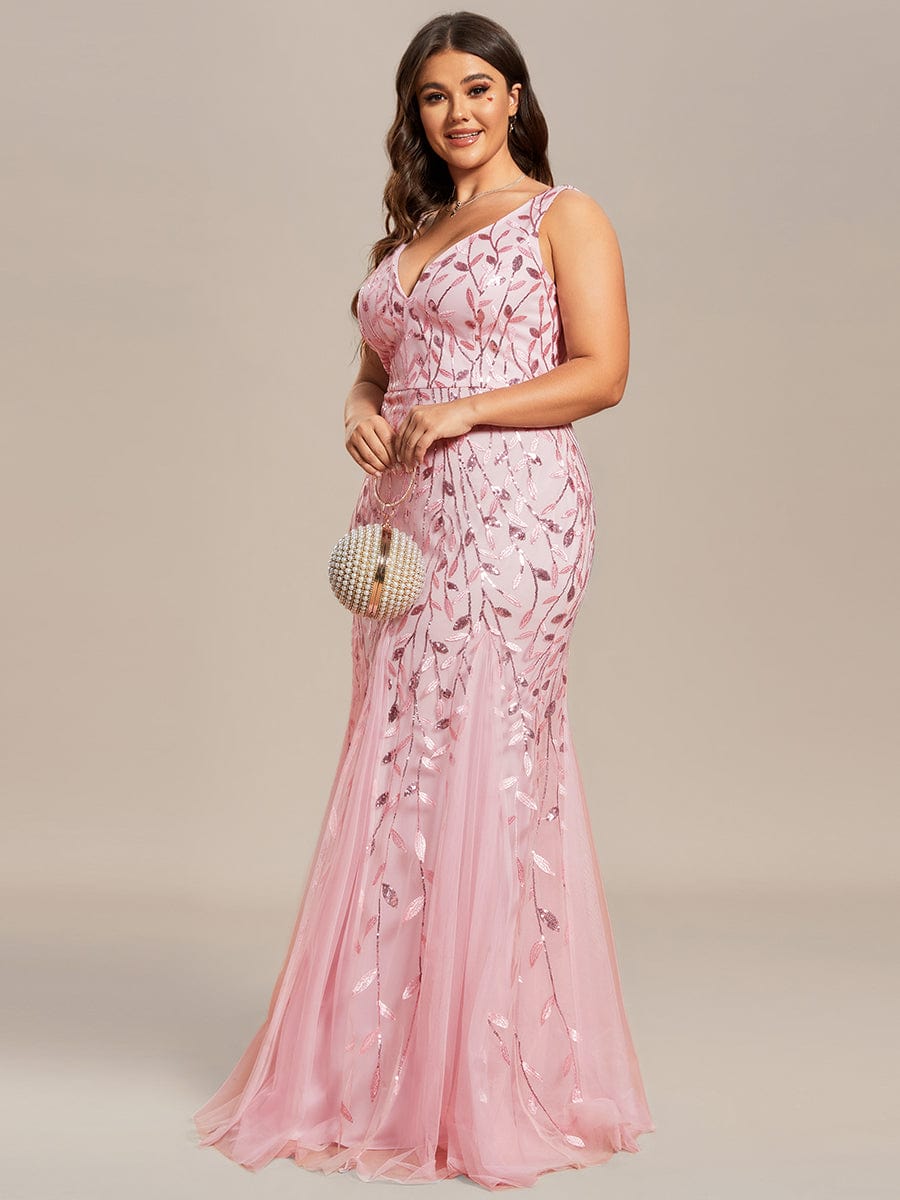 MsDresslyEP Plus Formal Dress Plus Size Double V-Neck Fishtail Sequin Formal Maxi Evening Dress