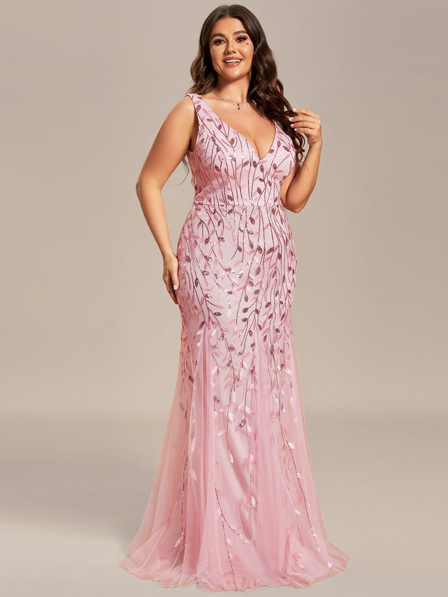 MsDresslyEP Plus Formal Dress Plus Size Double V-Neck Fishtail Sequin Formal Maxi Evening Dress