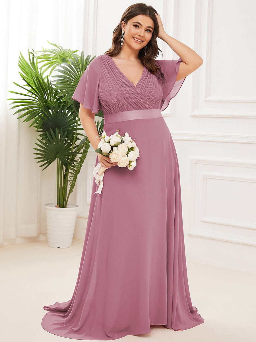 MsDresslyEP Plus Formal Dress Plus Size Empire Waist V Back Bridesmaid Dress with Short Sleeves DRE230977807POH16